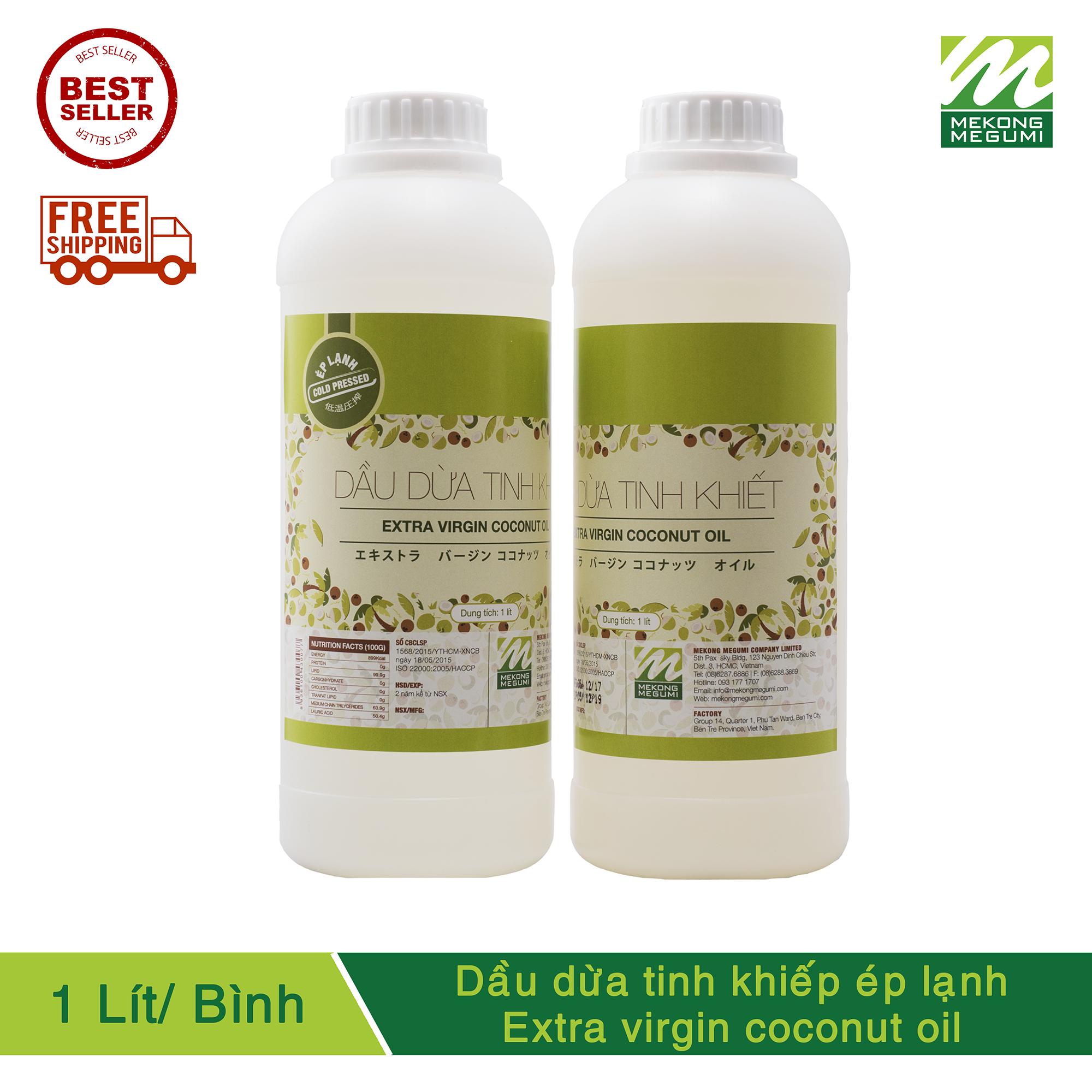 Dầu dừa tinh khiết ép lạnh MEKONG MEGUMI 1L - Nguyên liệu làm bánh, thực phẩm tự nhiên lành mạnh, dưỡng da, tóc, giữ ẩm