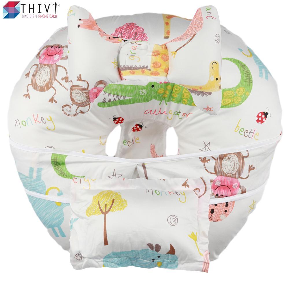 Bộ Gối Đa Năng Chữ C - Gối Tai Voi 5 Trong 1 Cao Cấp Cho Mẹ Và Bé 61 THIVI (Kem - Hoạt Hình)