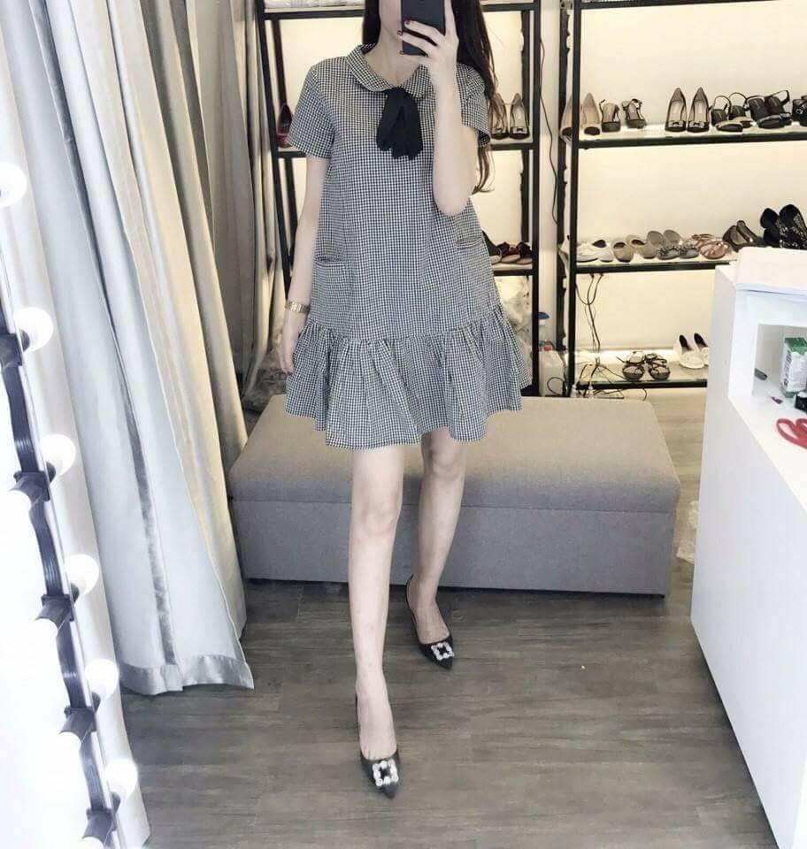 Đầm Bầu - Váy Bầu Kẻ Caro Đuôi Cá Cổ Nguýt Tròn ĐB1188