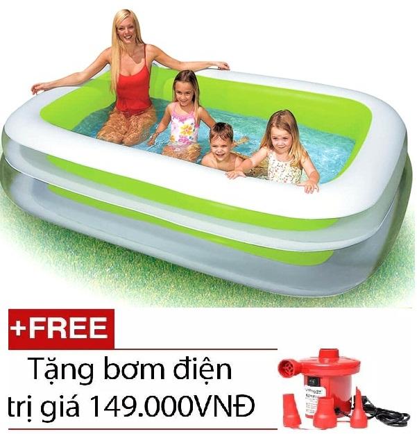 Combo Bể bơi gia đình vuông 262x175x56 Intex 56483 kèm bơm điện 2 chiều + tặng kèm bộ vá