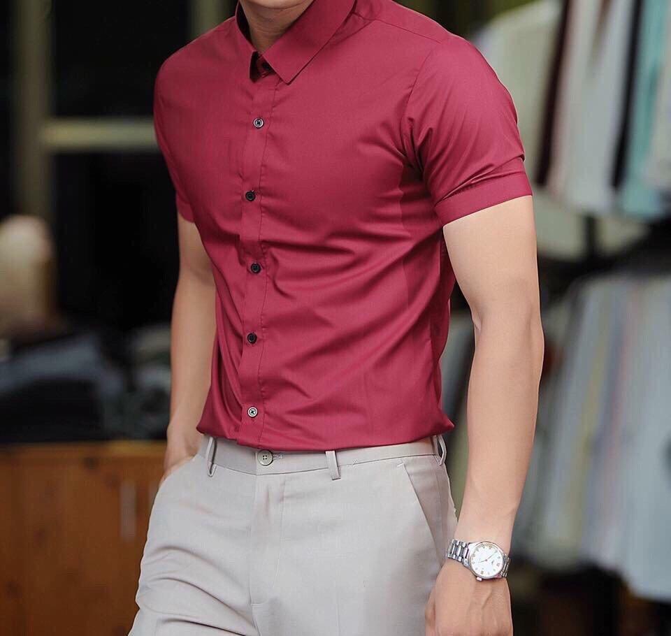 Áo sơ mi nam Cộc Tay Đỏ Đô dáng body Hàn Quốc không nhăn, Áo sơ mi nam Ngắn Tay Đỏ Đô