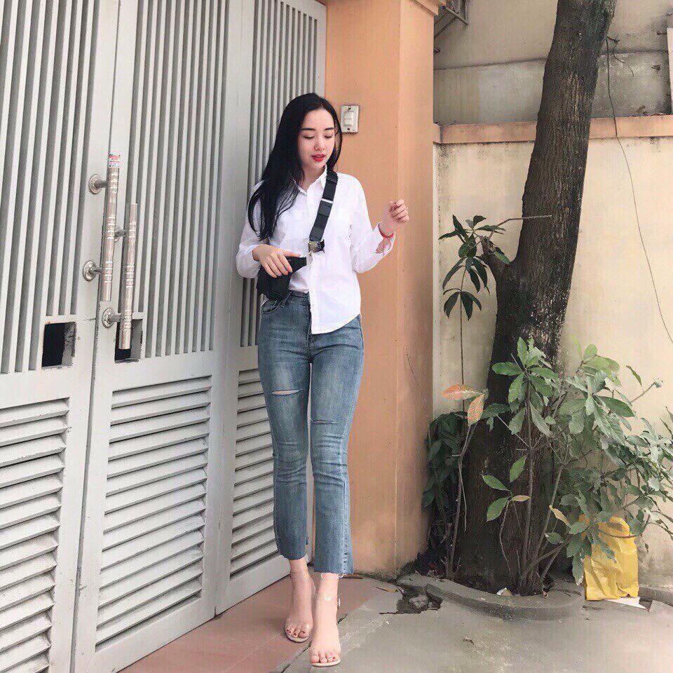 Quần jeans 9 tấc ống loe nữ rách cao cấp Jeans Fashion