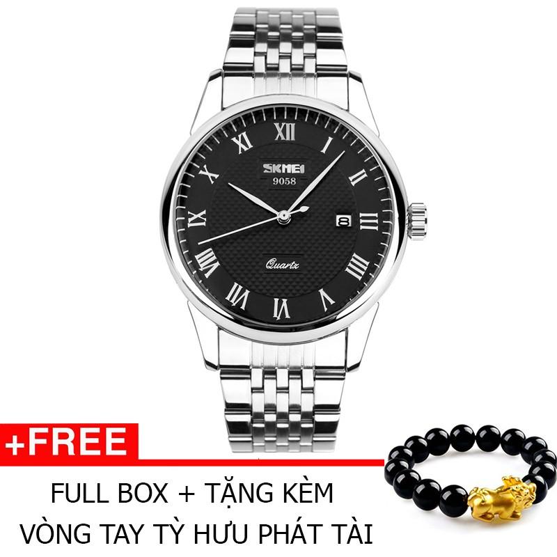 Đồng Hồ Thời Trang Skmei 9058 Dây Innox 002 + Tặng Kèm Vòng Tay Tỳ Hưu Phát Tài ( Đen )