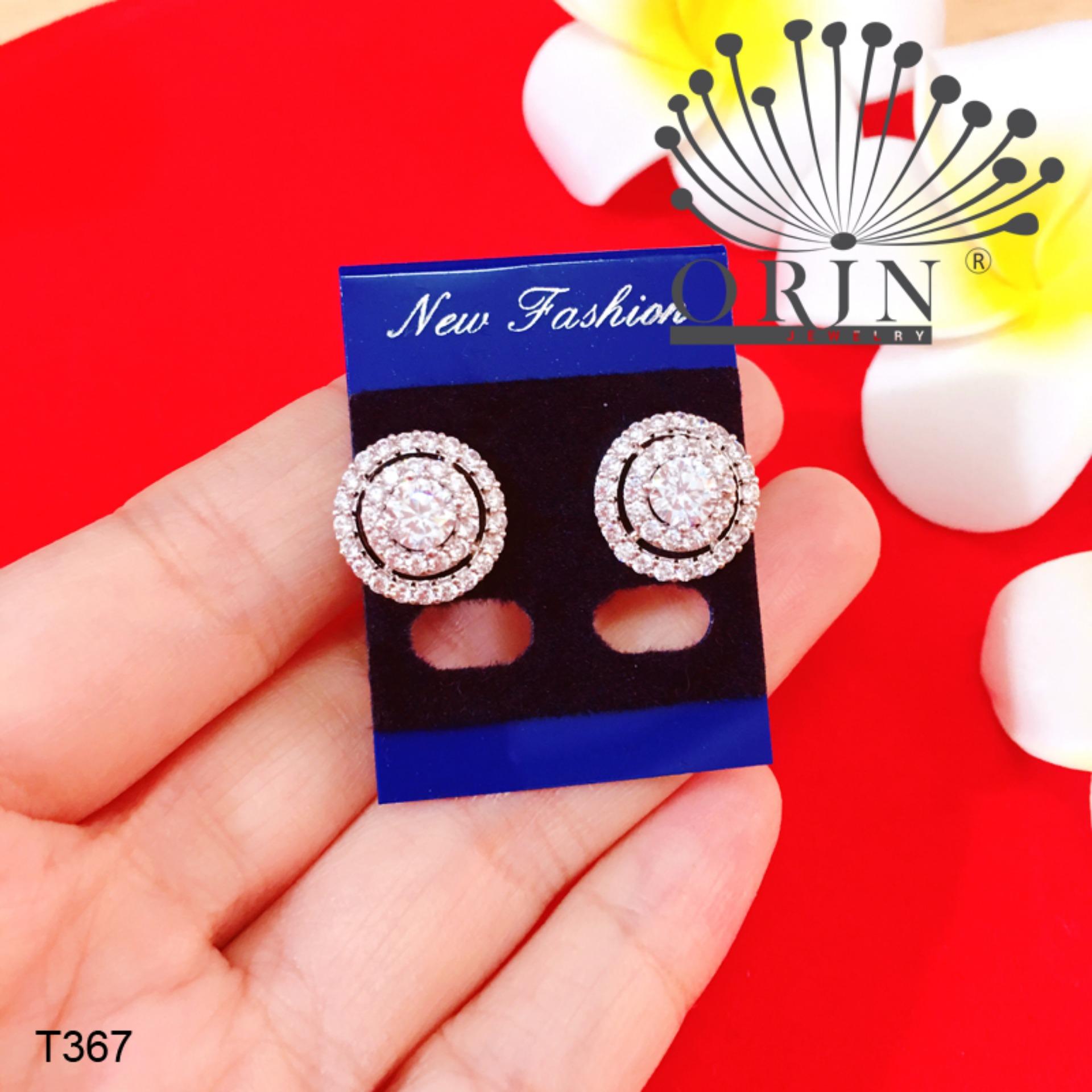 Bông tai hột tròn viền 2 hàng đá đính đá bền màu thiết kế cao cấp Orin T367 - Long Tien