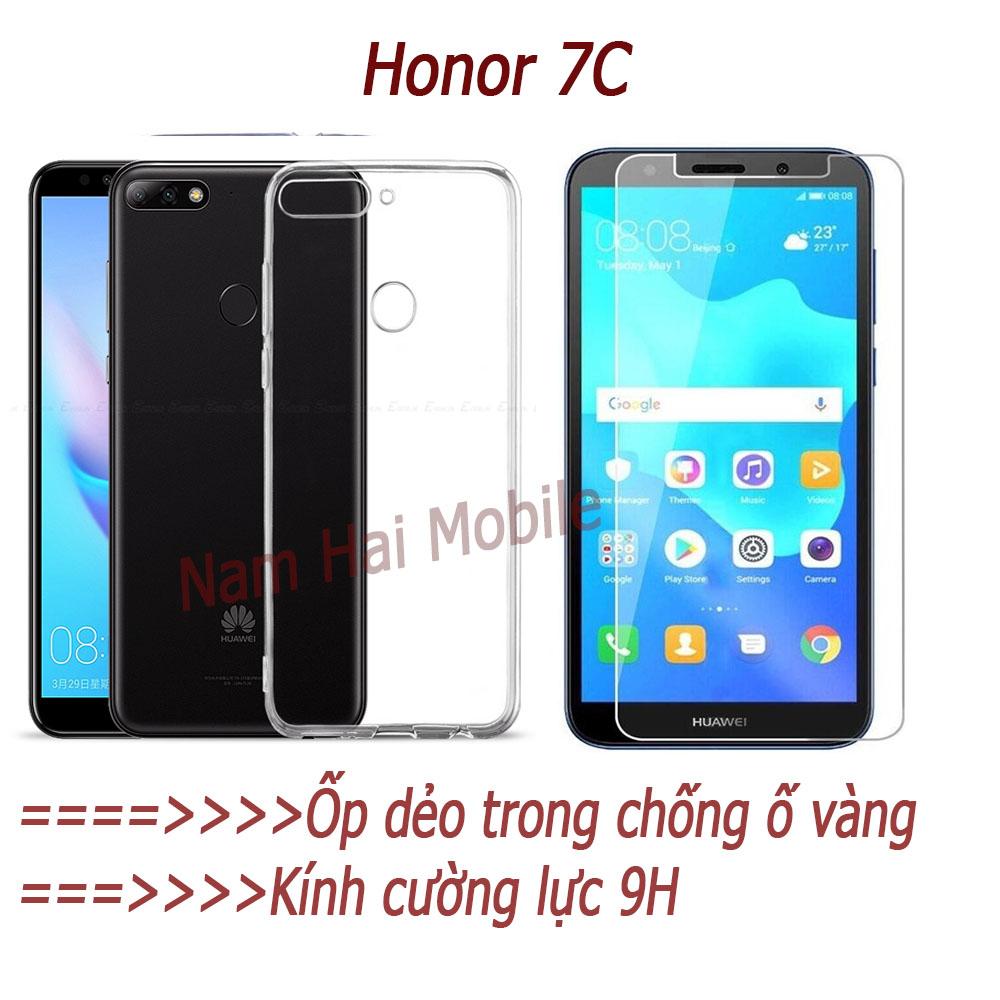 Ốp lưng dẻo trong , Tặng kính cường lực Điện thoại Honor 7C