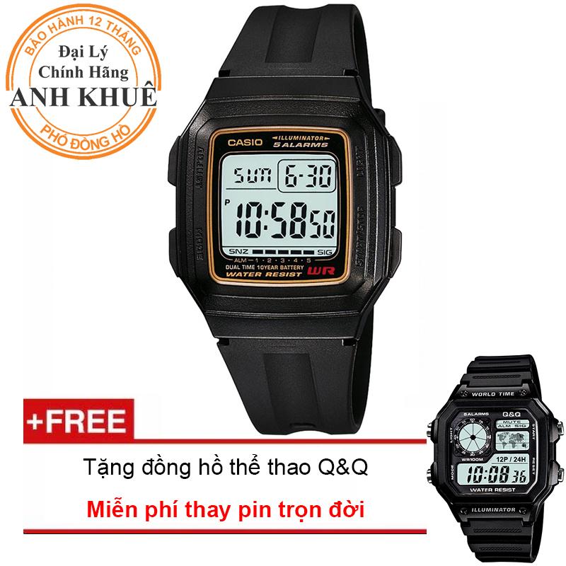Đồng hồ dây nhựa huyền thoại Casio Anh Khuê F-201WA-9ADF + Tặng đồng hồ thể thao Q&Q