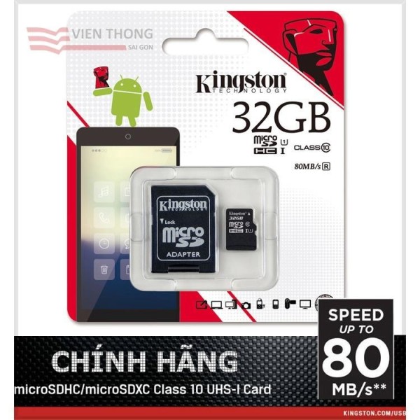 Bộ thẻ nhớ Kingston 32GB Micro SDHC C10 UHS và Adapter (Đen) Hãng phân phối chính thức + Tặng móc dán điện thoại