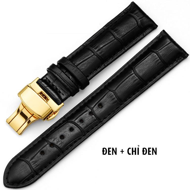 Dây da bê size 24mm khóa bướm hai nút bấm mạ màu vàng cho đồng hồ nam D1701