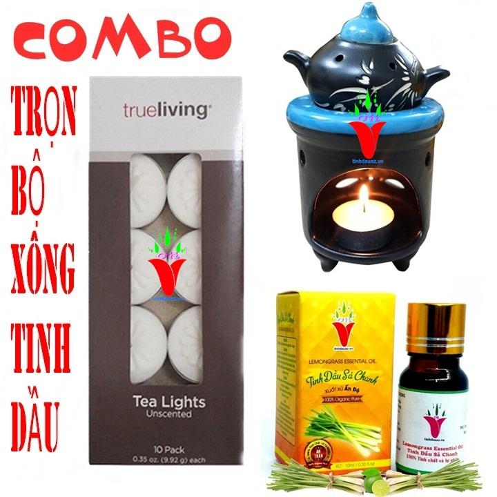Combo bộ đèn xông tinh dầu 1 hộp nến tea lights 10 viên + 1 đèn nến ấm trà + 1 chai tinh dầu sả chanh 10ml ấn độ
