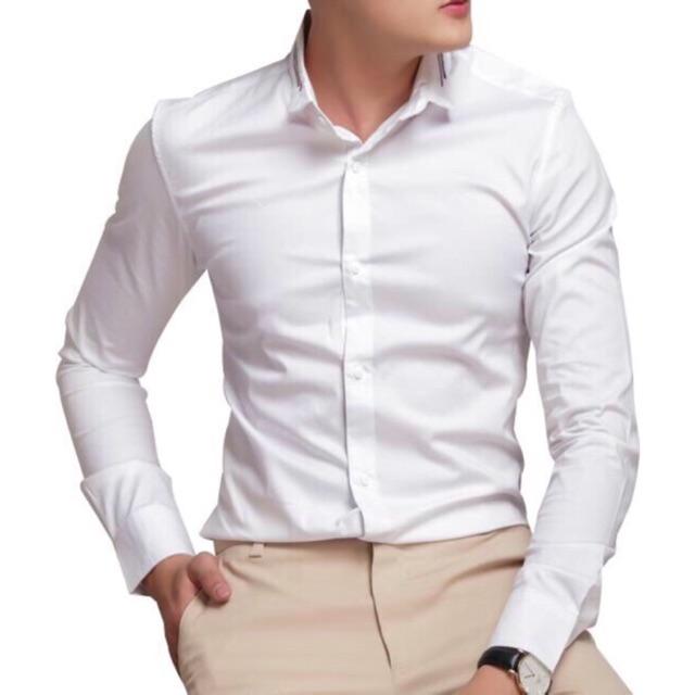 Áo sơ mi nam vải lụa Thái chống nhăn (Trắng cúc trắng)