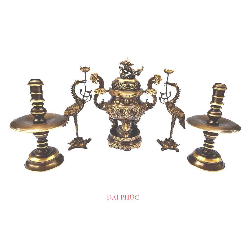 Đồ thờ Ngũ sự đỉnh tròn rồng-phượng cao 55 cm màu đồng cổ (2 công nghệ 2 màu)