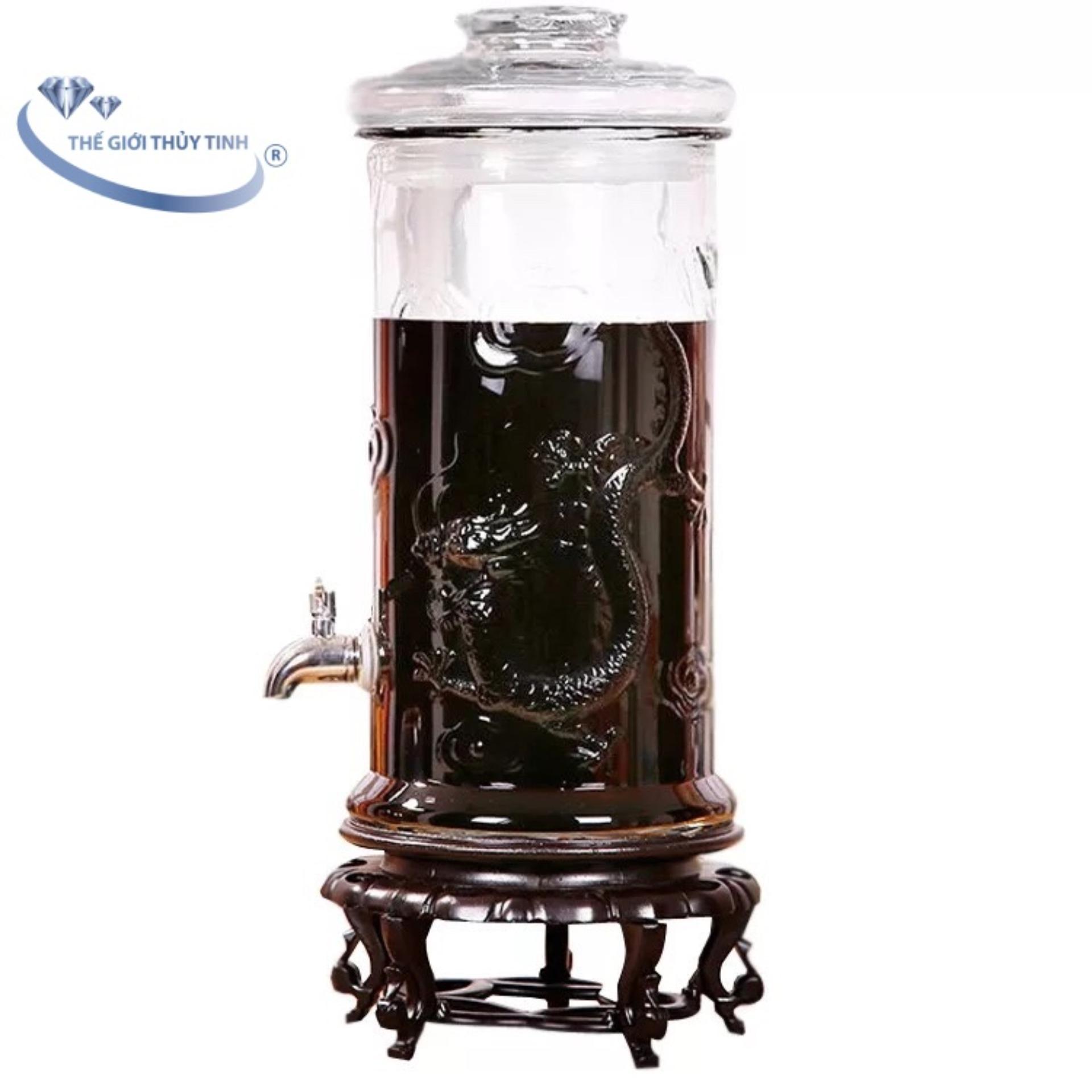 [TẶNG QUÀ] Bình Ngâm Rượu Sâm Thủy Tinh 19 Lít Dáng Trụ Hoa Văn Rồng - Có Van