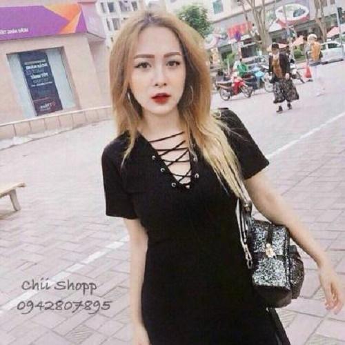 Đầm thun body cổ V đan lưới