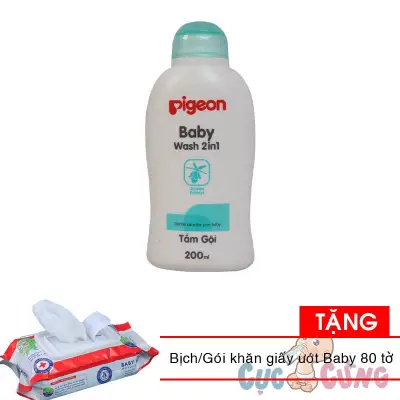 Sữa tắm gội Pigeon jojoba - Màu xanh 200ml Tặng 1 bịch khăn giấy ướt Baby 80 tờ - sua tam goi