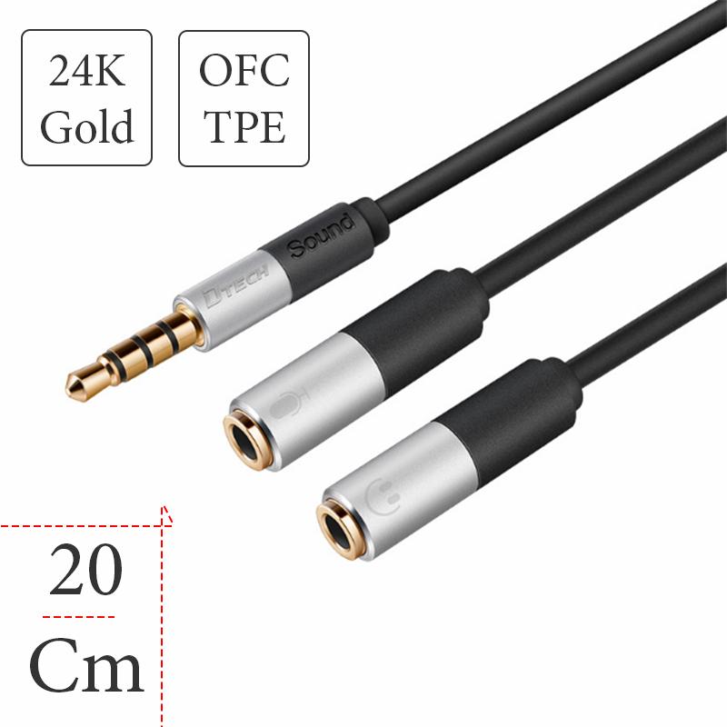 Dây cáp chia 1 đầu 3.5mm dương ra 2 đầu 3.5mm âm có micro và tai nghe 25cm dtech dt-t0222