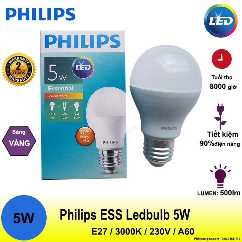 Bóng đèn Philips Ess Ledbulb 5W E27 3000K 230V A60 Ánh sáng( Vàng)