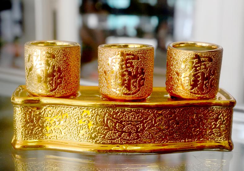 Án ba-Bộ ba ly nước thờ cúng kim sa vàng