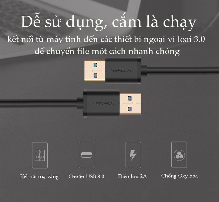 Dây USB 3.0 đực sang đực, hỗ trợ tốc độ truyền tải 5Gbps, dài 0.5-2M UGREEN US128 Dây USB 3.0 đực sang đực, hỗ trợ tốc độ truyền tải 5Gbps, dài 0.5-2M UGREEN US128