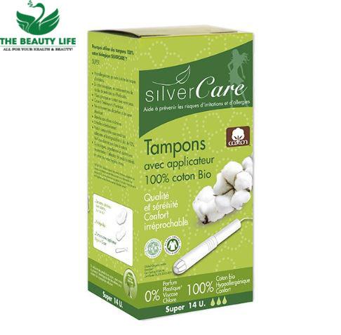 Tampon hữu cơ 3 giọt có cần đẩy silvercare super 14 miếng