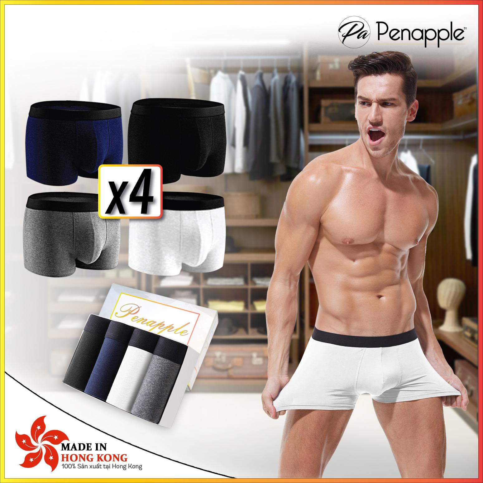 1 Hộp 4 quần lót nam 4 MÀU (đen, xanh, xám, trắng) PEN APPLE ống rộng Cotton cao cấp - 4 BOXER SHORT - sản xuất tại Hồng Kông