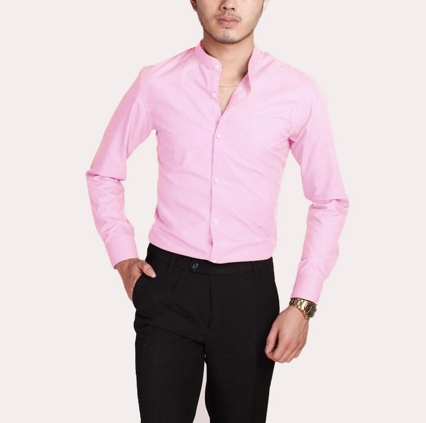 Sơ mi cổ tàu nam , màu hồng phấn, chất lụa mềm mịn mát, form slimfit