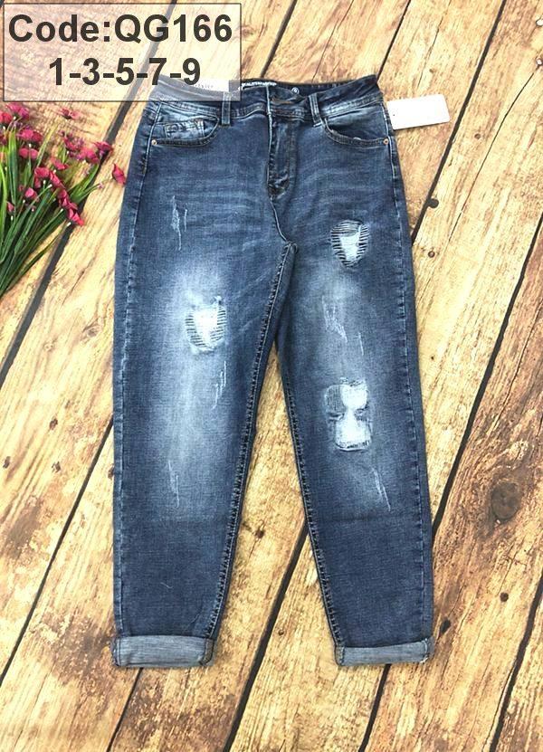 Quần jeans baggy nữ xăn lai vá chỉ cá tính