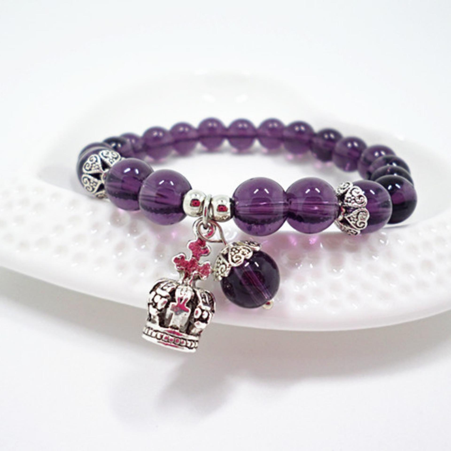 Vòng tay phong thủy vương miện đá thạch anh tím và đen HHN-S409(Purple)