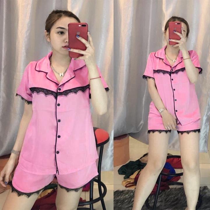 Đồ bộ nữ quần đùi mặc nhà chất phi bóng phối ren