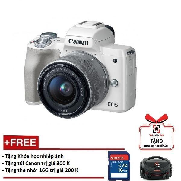 Canon eos m50 kèm lens 15-45mm - màu trắng -tặng khoá học nhiếp ảnh eos + thẻ sd 16gb + túi