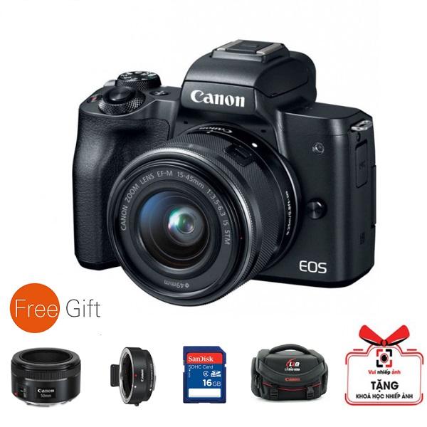 Máy ảnh canon eos m50 kèm lens 15-45mm - màu đen -tặng khoá học nhiếp ảnh eos + thẻ sd 16gb + túi + ngàm viltrox+ lens 50mm stm