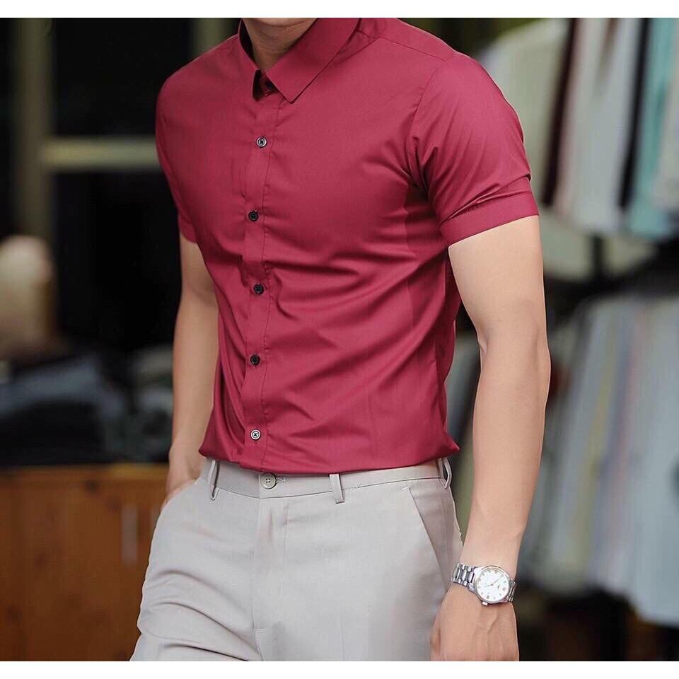Áo sơ mi nam Cộc Tay Đỏ Đô dáng body Hàn Quốc không nhăn, Áo sơ mi nam NgắnTay Đỏ Đô