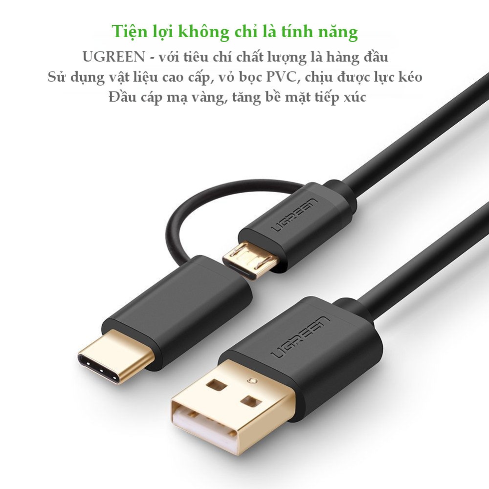 Dây USB đa năng 2 trong 1 đầu ra Micro-USB và USB Type C dài 0.25-2M UGREEN US142 Dây USB đa năng 2 trong 1 đầu ra Micro-USB và USB Type C dài 0.25-2M UGREEN US142