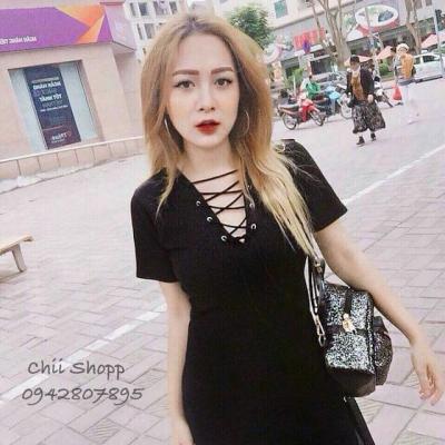 Đầm thun body cổ v đan lưới
