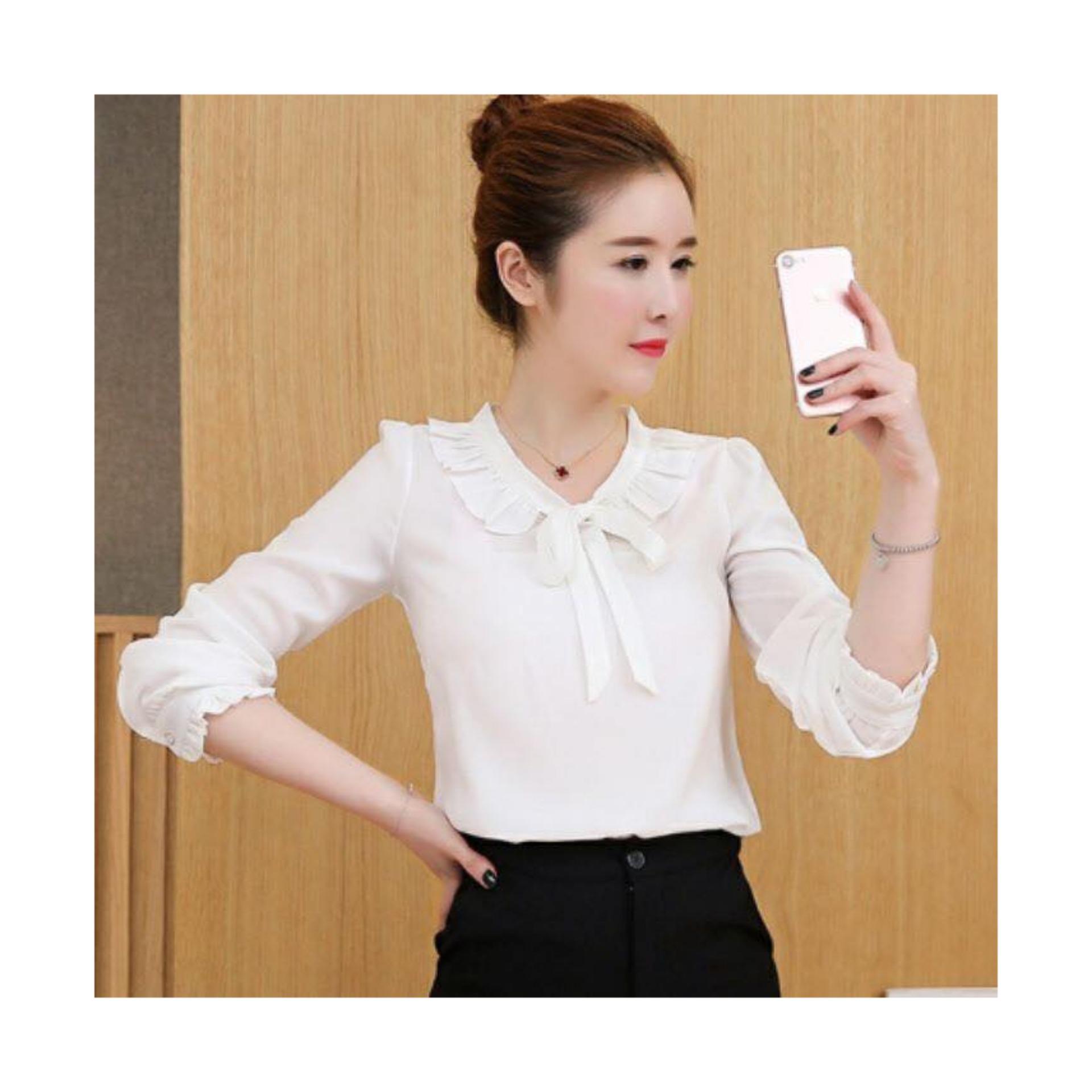 Áo công sở tay dai cổ xếp bèo cột nơ trắng
