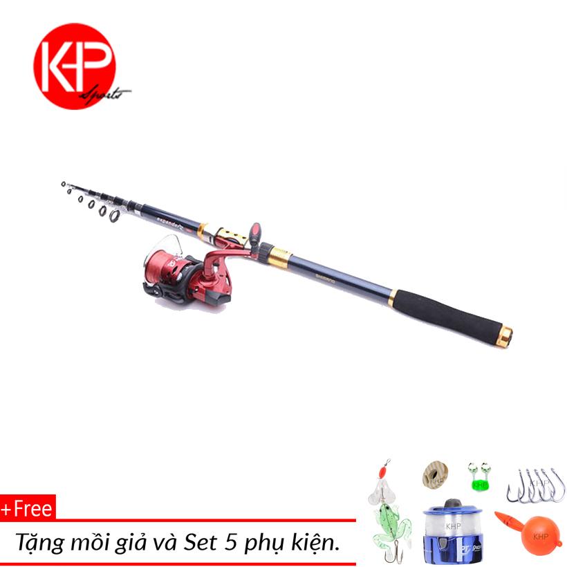 Bộ cần câu rút cacbon khp 2.7m + tặng 1 mồi giả + máy 4000 + chuông báo cá + set phụ kiện v2