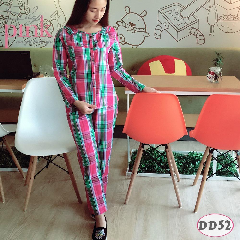 Bộ mặc nhà kate dài tay cổ xếp ly kẻ caro dd51-52-53