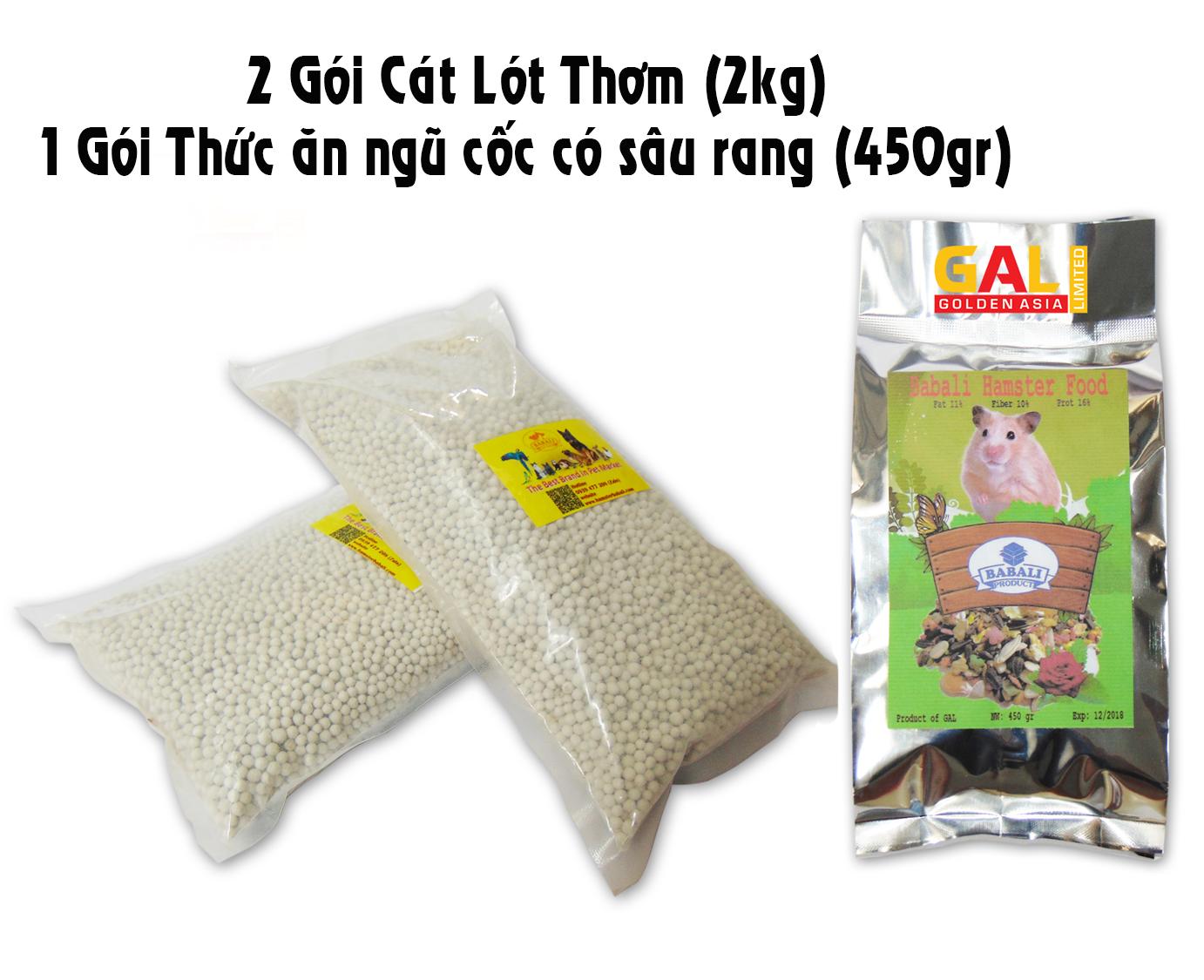 Combo 2kg cát sand thơm lót chuồng Hamster và 1 túi thức ăn ngũ cốc có sâu rang cho Hamster 450gr