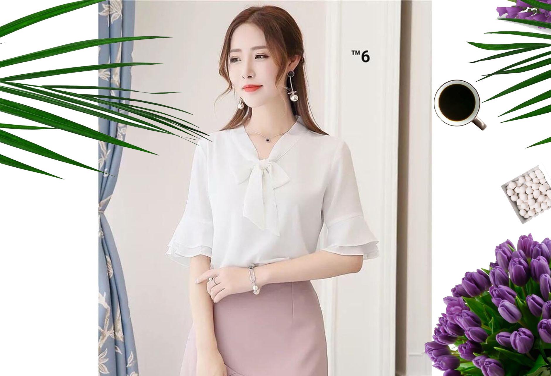 Áo sơ mi cổ thắt nơ tay loe điệu đàint: one size