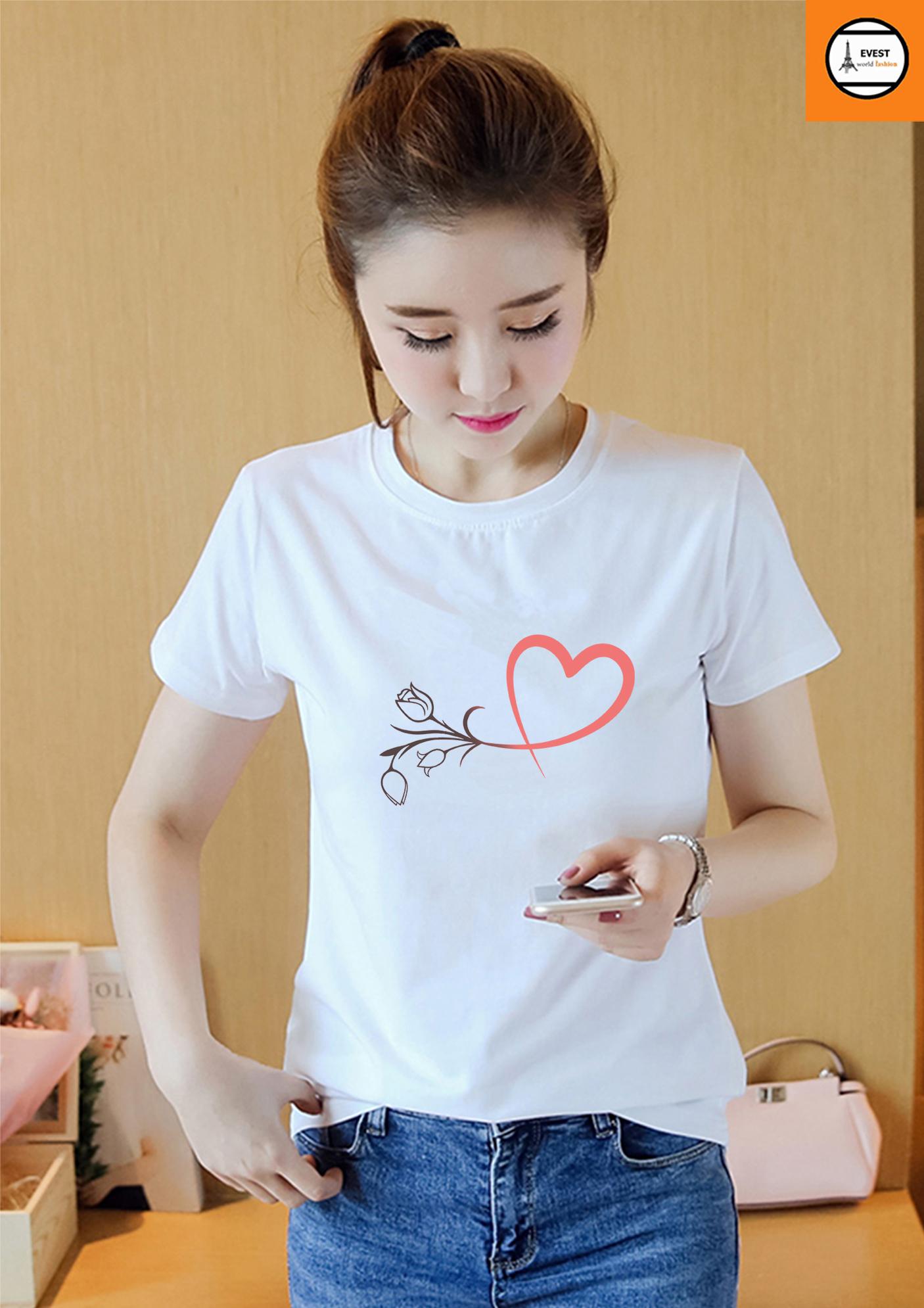 [HCM]Áo thun nữ cổ tròn in hình bông hoa tình yêu form rộng vải dày mịn AoK1749