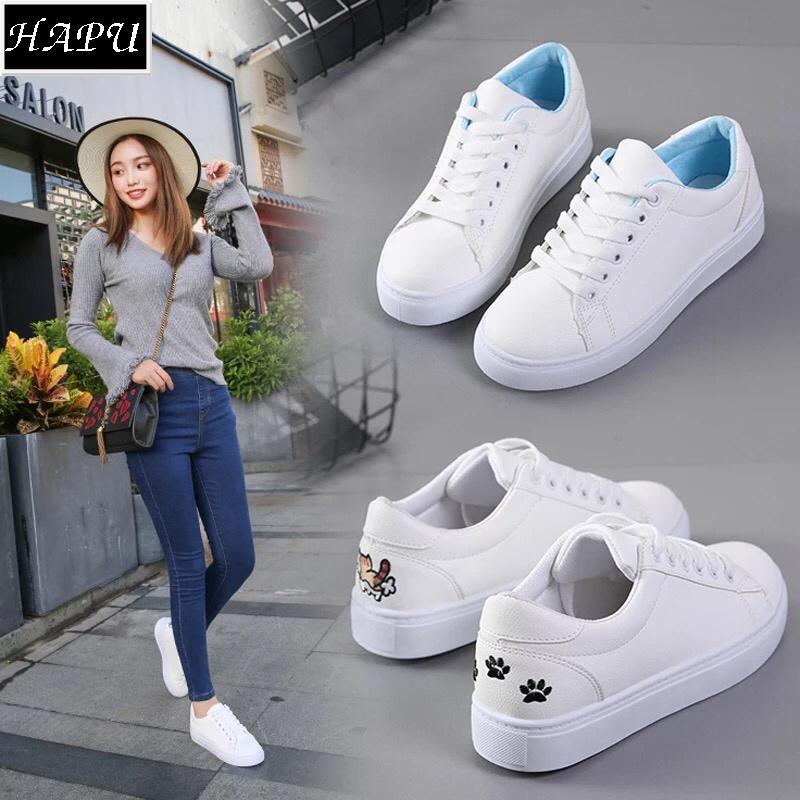 Giày sneaker nữ thêu mèo dễ thương (tùy chọn: trắng đen, trắng hồng, trắng xanh)