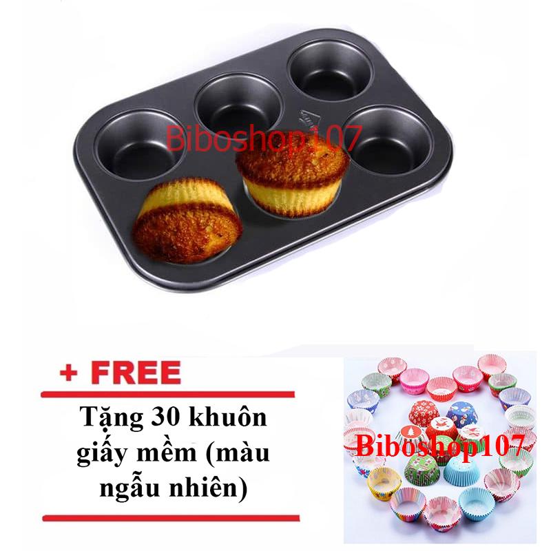 Khuôn nướng bánh chống dính 6 ô + Tặng 30 khuôn giấy mềm lót bánh cupcake muffin