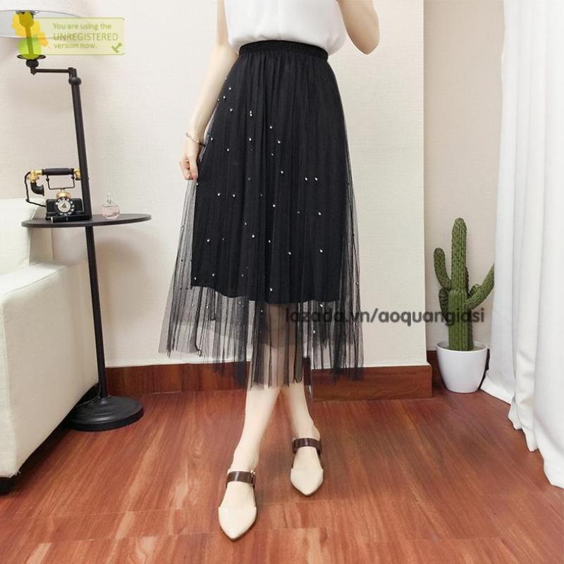 Chân Váy Lưới Dài Đính Ngọc Trai mt153 AQGS sang chảnh