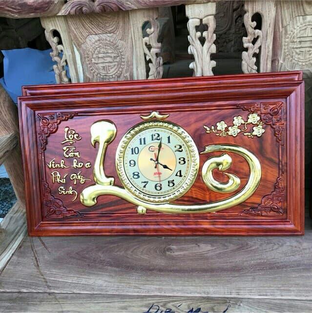 Tranh đồng hồ gỗ Hương đỏ nguyên tấm chữ Lộc mạ vàng dày 3cm hàng