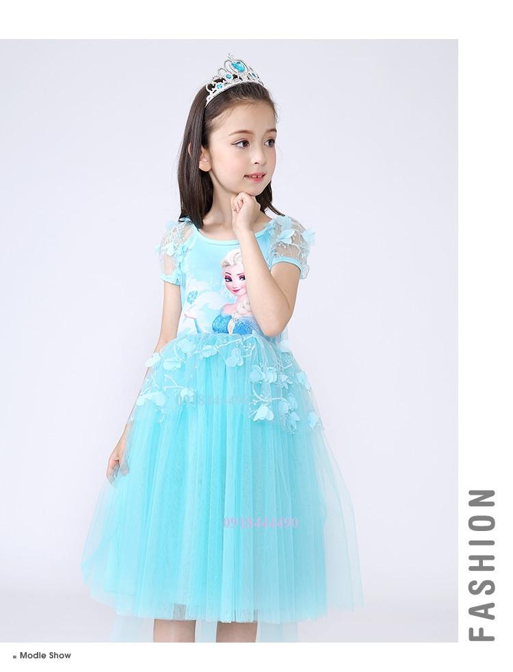 Đầm công chúa Elsa kiểu cộc tay chất voan mềm có tà dài