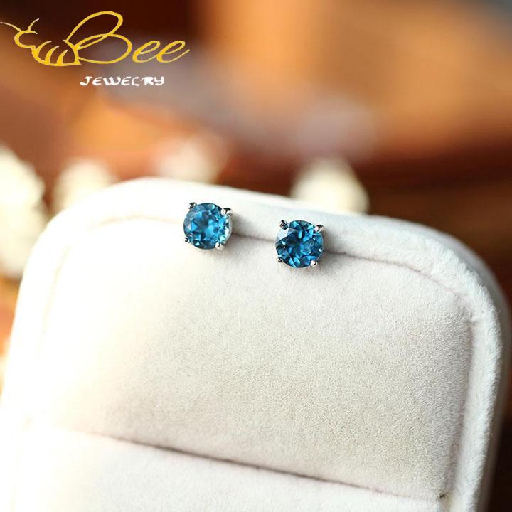 Bông tai nữ nụ đá tròn xanh dương chất liệu bạc ta cao cấp thương hiệu bee jewelry