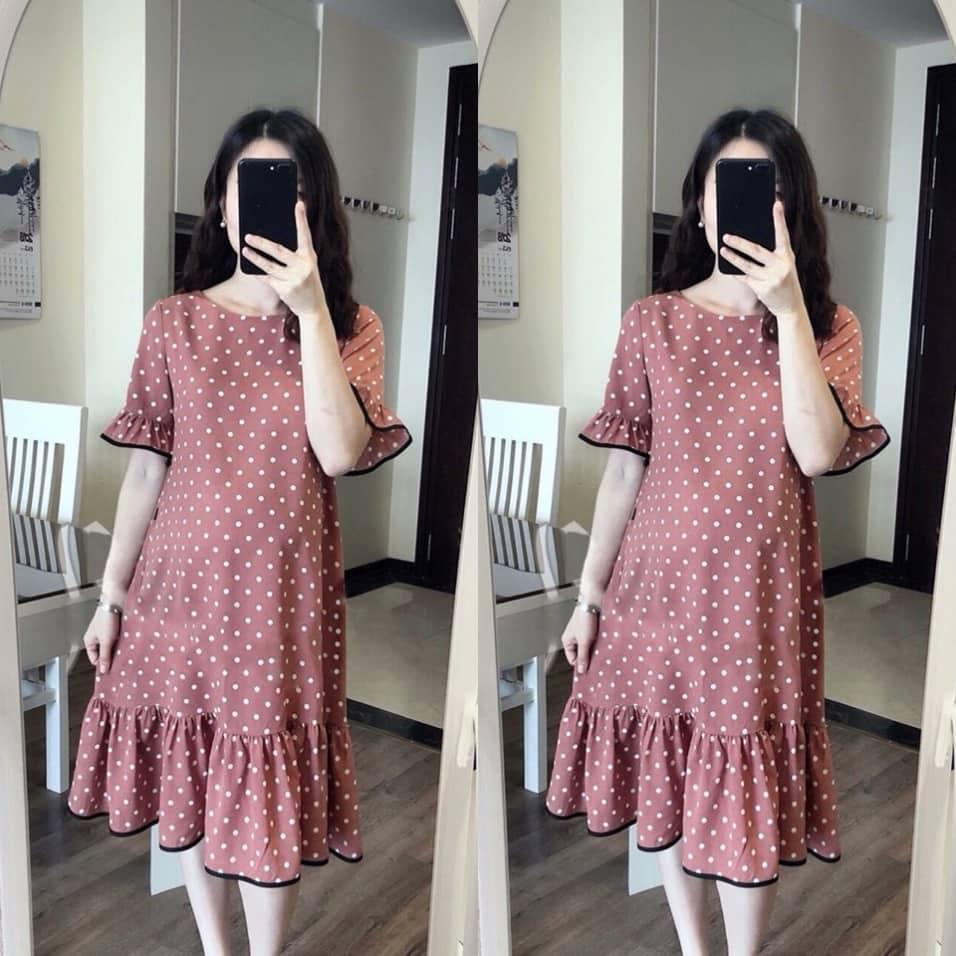 Đầm bầu chấm bi đuôi cá tay loe