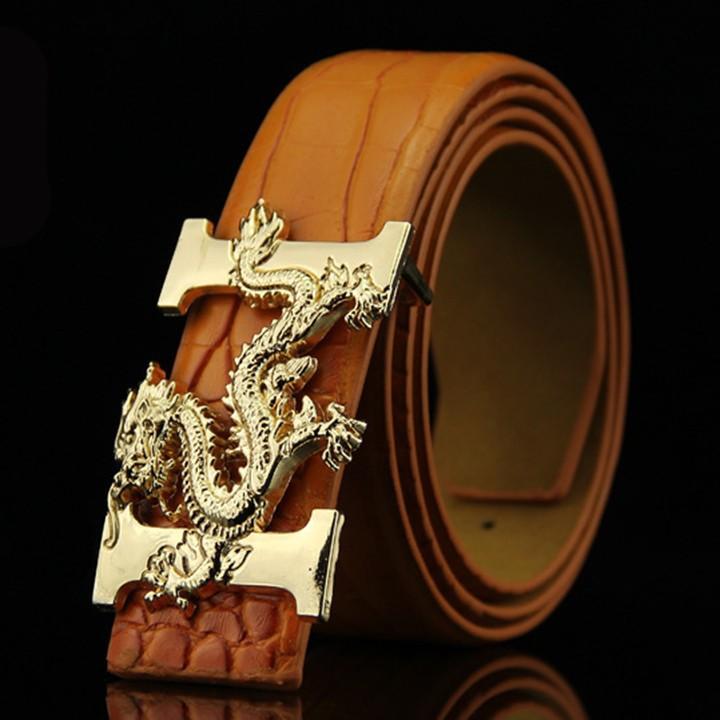 Thắt lưng vân cá sấu,Dây nịt nam chữ H rồng vàng 3D