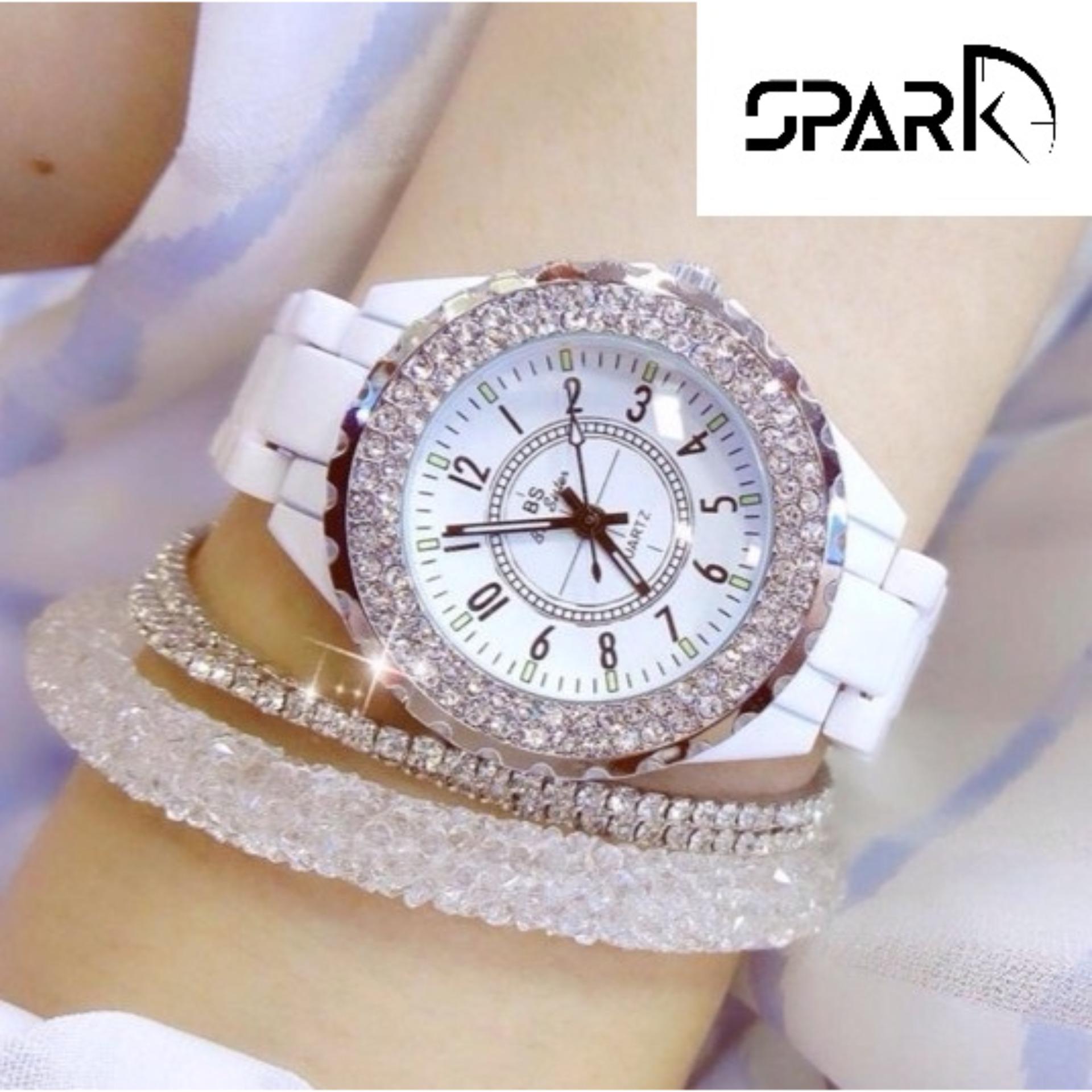 Đồng hồ nữ Beesister BS dây đá viền đính đá xoay độc đáo style Hàn Quốc + Tặng hộp đồng hồ sang trọng (Đỏ và đen)