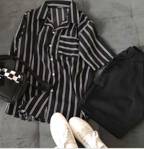 Áo sơ mi kẻ 2 sọc 1 túi nam nữ couple hot hit màu ĐEN (Freesize dưới 65kg)