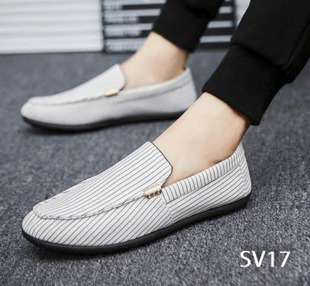 Giày Mọi Nam 💝FREESHIP💝 Giày Lười Phong Cách Thời Trang Hàn Quốc - [Tặng Tất Khử Mùi Cao Cấp] - SV17- Màu Trắng Kẻ Sọc Đen
